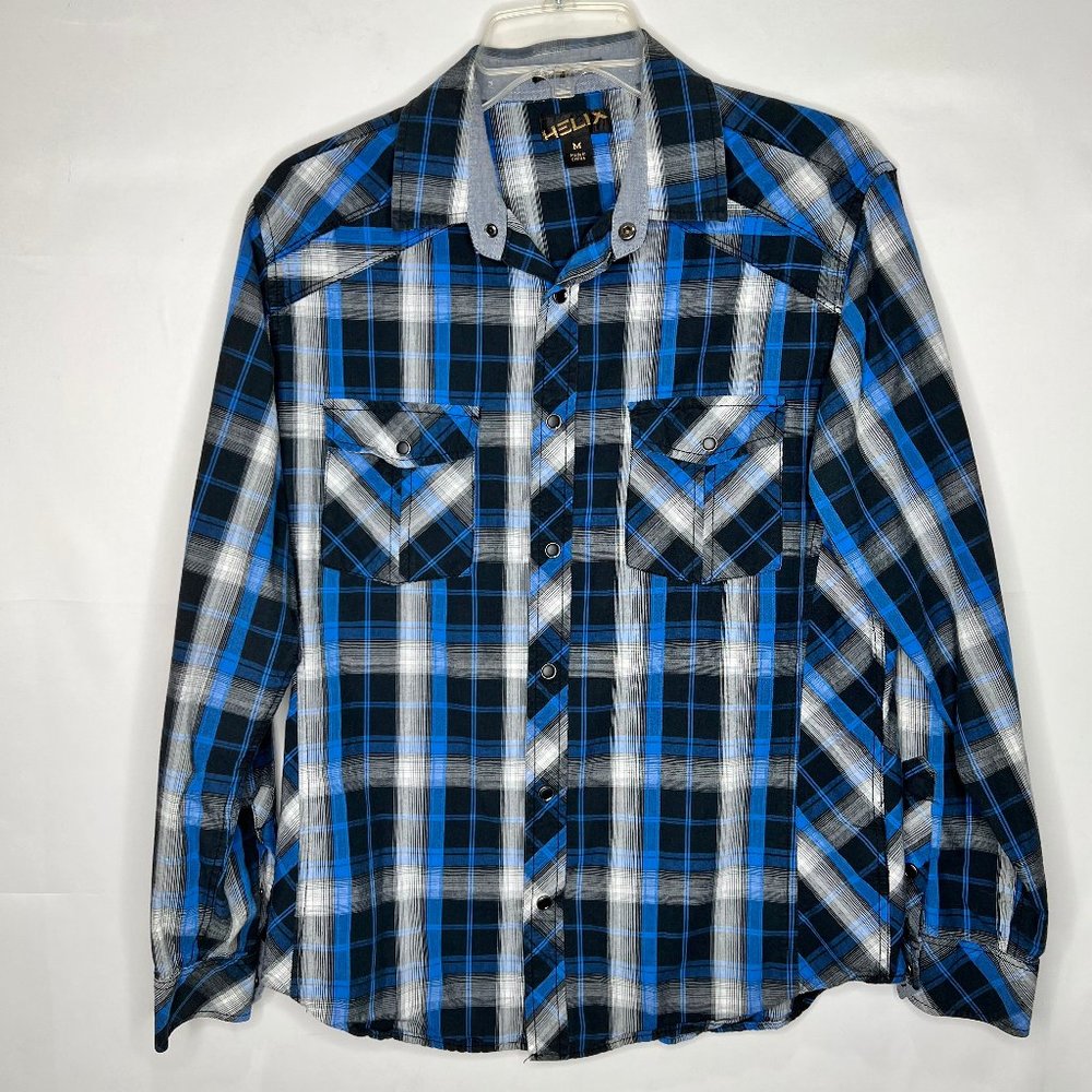 Helix Men’s Shirt sz M Western Blue & Black Plaid Pearl Snap Long Sleeves Rodeo